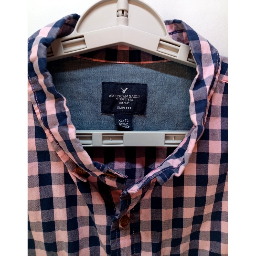 American Eagle Button Down Slim Fit Men's Shirt, XL Pink & Blue Check - Picture 2 of 5